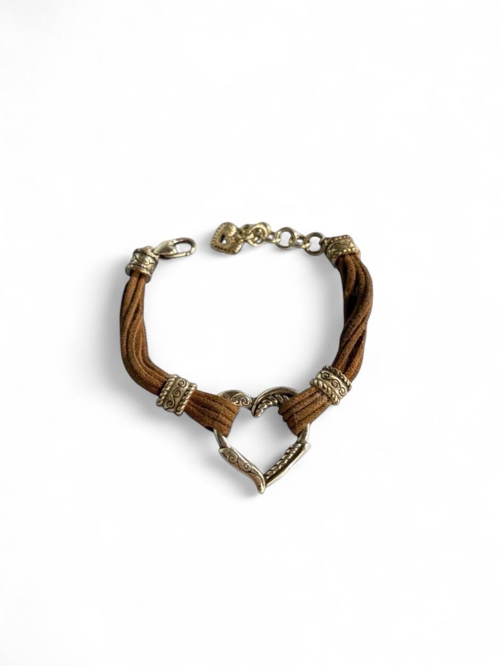 Brown Suede Heart Link Bracelet with Antique Gold Accents